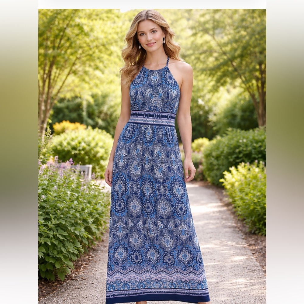 Roz & Ali Navy Blue Patterned Maxi Dress
